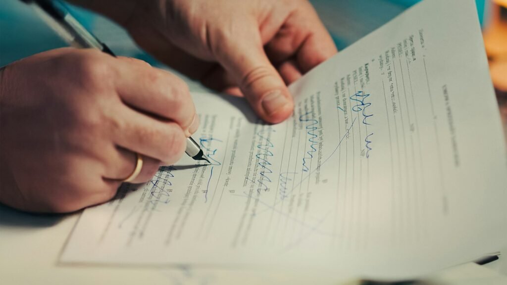 Homme signant un document au stylo