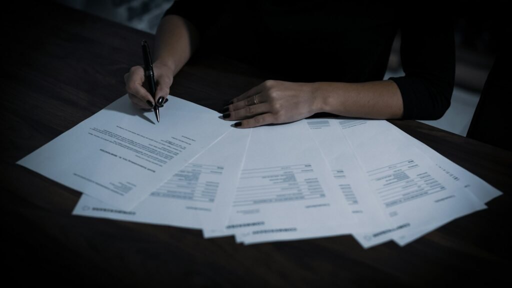 Jeune femme préparant des documents sur une table